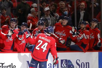 Dec 19, 2021; Washington, District of Columbia, USA; Washington Capitals center Connor McMichael (24) celebrates with teammates after scoring a goal against the Los Angeles Kings during the first period at Capital One Arena. Mandatory Credit: Geoff Burke-