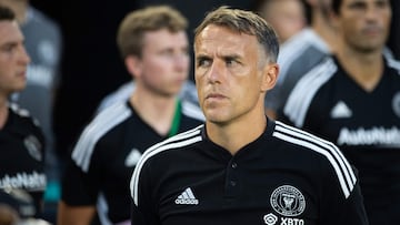 (FILES) Head coach Phil Neville, of Inter Miami CF, looks on against FC Cincinnati at DRV PNK Stadium in Fort Lauderdale, Florida, on July 30, 2022. If the rumours that Lionel Messi has an offer to join Inter Miami are true, the Major League Soccer club must be hoping the Argentine doesn't look too closely at the team's current state before making his decision. On May 31, 2023, Miami suffered their fourth straight defeat with a 1-0 loss at home to the New York Red Bulls which left them rooted to the bottom of the Eastern Conference and in 27th place out of the 29 team league. (Photo by Lauren Sopourn / GETTY IMAGES NORTH AMERICA / AFP)